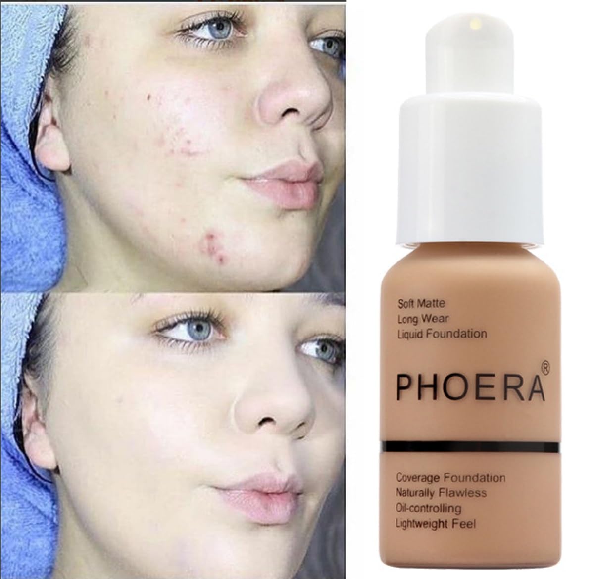 2 Pack PHOERA Foundation, Long-Lasting Waterproof Oil Full Coverage Flawless Soft Matte Liquid Foundation.105 San