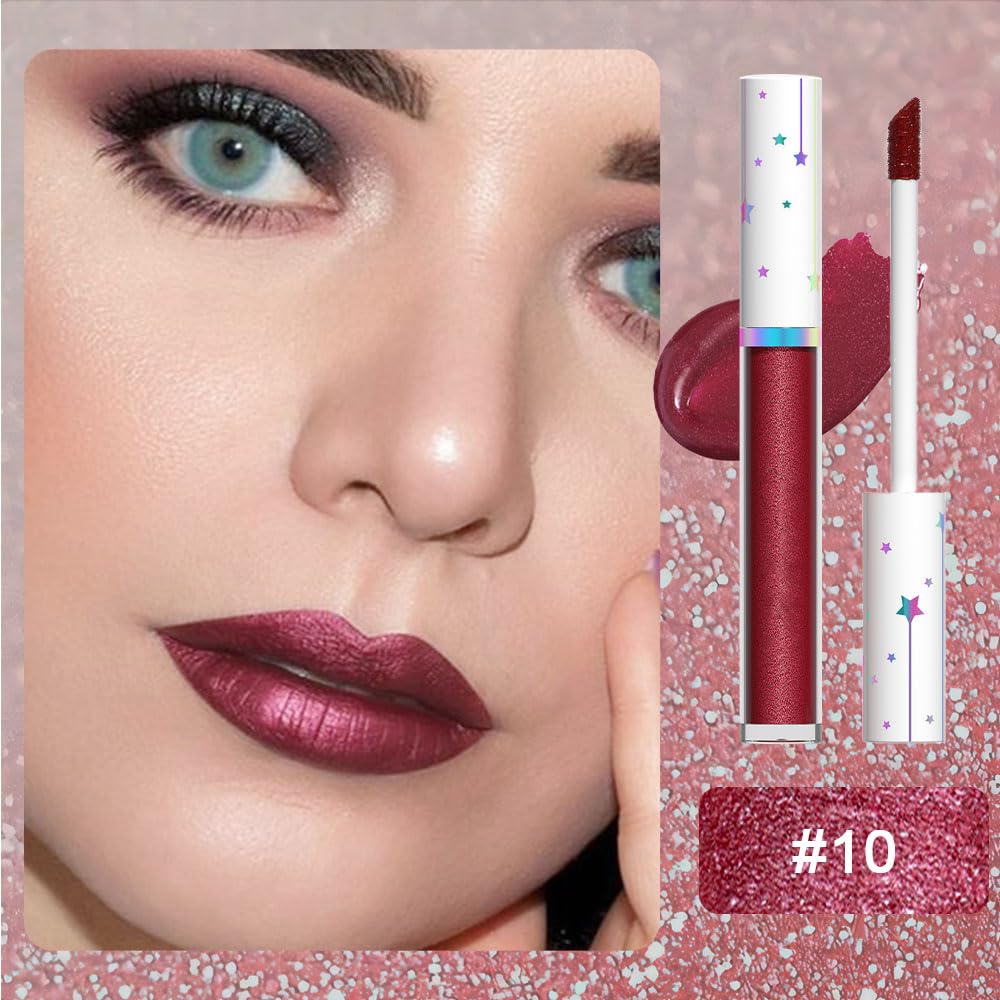 evpct 1Pcs Dark Red Metallic Shimmer Glitter Lip Gloss Liquid Lipstick Long Lasting Waterproof 24, Glitter Pearlescent Metallic Sparkly Glossy Liquid Lipsticks Lip Stain Makeup Set for Women 10#