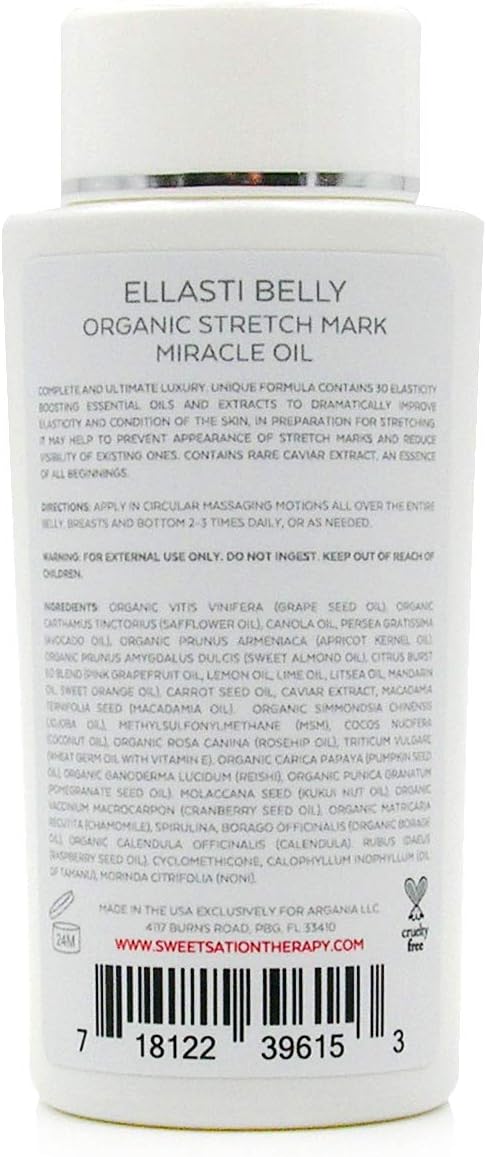 Sweetsation Therapy- Organic EllastiBelly Stretch Mark Miracle Oil, 4oz. Stretch Marks Prevention in Pregnancy With Omega 3,6,9, Vitamins,Amino Acids, 30+ Extracts to Boost Elasticity