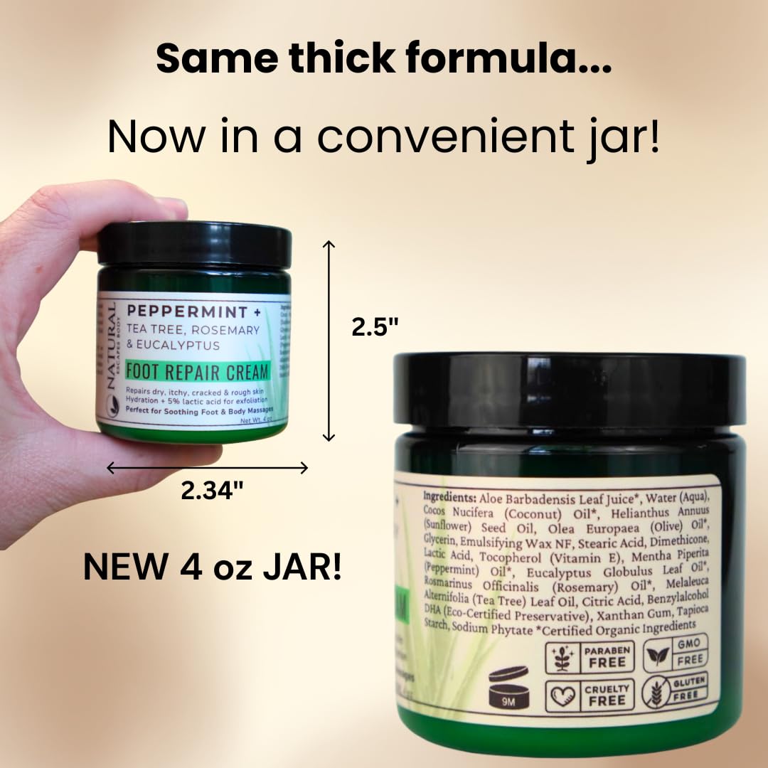 Peppermint + Rosemary, Eucalyptus & Tea Tree Foot Cream for Dry Cracked Heels and Feet - Moisturizing Foot Lotion for Cracked Heel Repair - Callus Remover with Lactic Acid (4 oz)