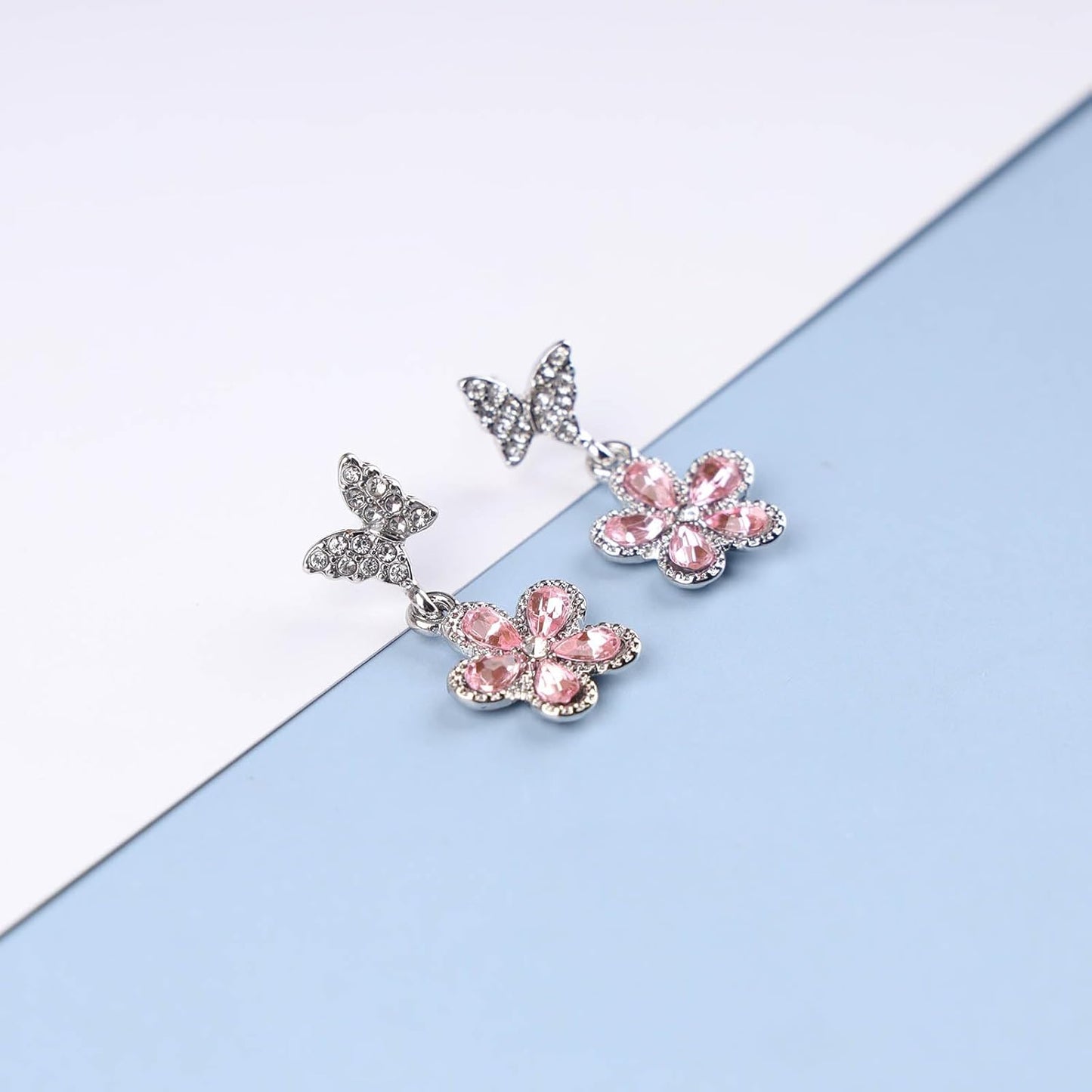 Vintage Pink Crystal Flower Earrings Butterfly Flower Drop Earrings Silver Rhinestone Butterfly Stud Earrings Pink Gemstone Butterfly Earrings Jewelry for Women
