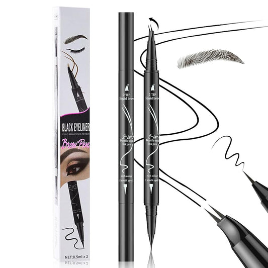 Curved 2 Tip Eyebrow Pen-Black Eyebrow Pencil With Black Eyeliner 2-in-1 Dual-Ended Create Natural Hair-Like Brows,Waterproof,Smudge Proof,Long Lasting All-Day