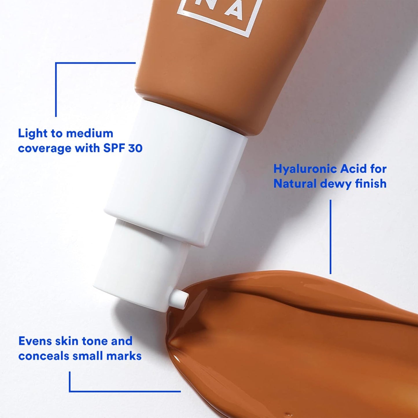 3INA 622 Tinted Moisturizer for Face with SPF 30 - Dark Sand - BB Cream with Light to Medium Coverage - Hyaluronic Acid Moisturizer for All Skin Tones - Vegan, Cruelty and Paraben Free Make Up - 1 oz