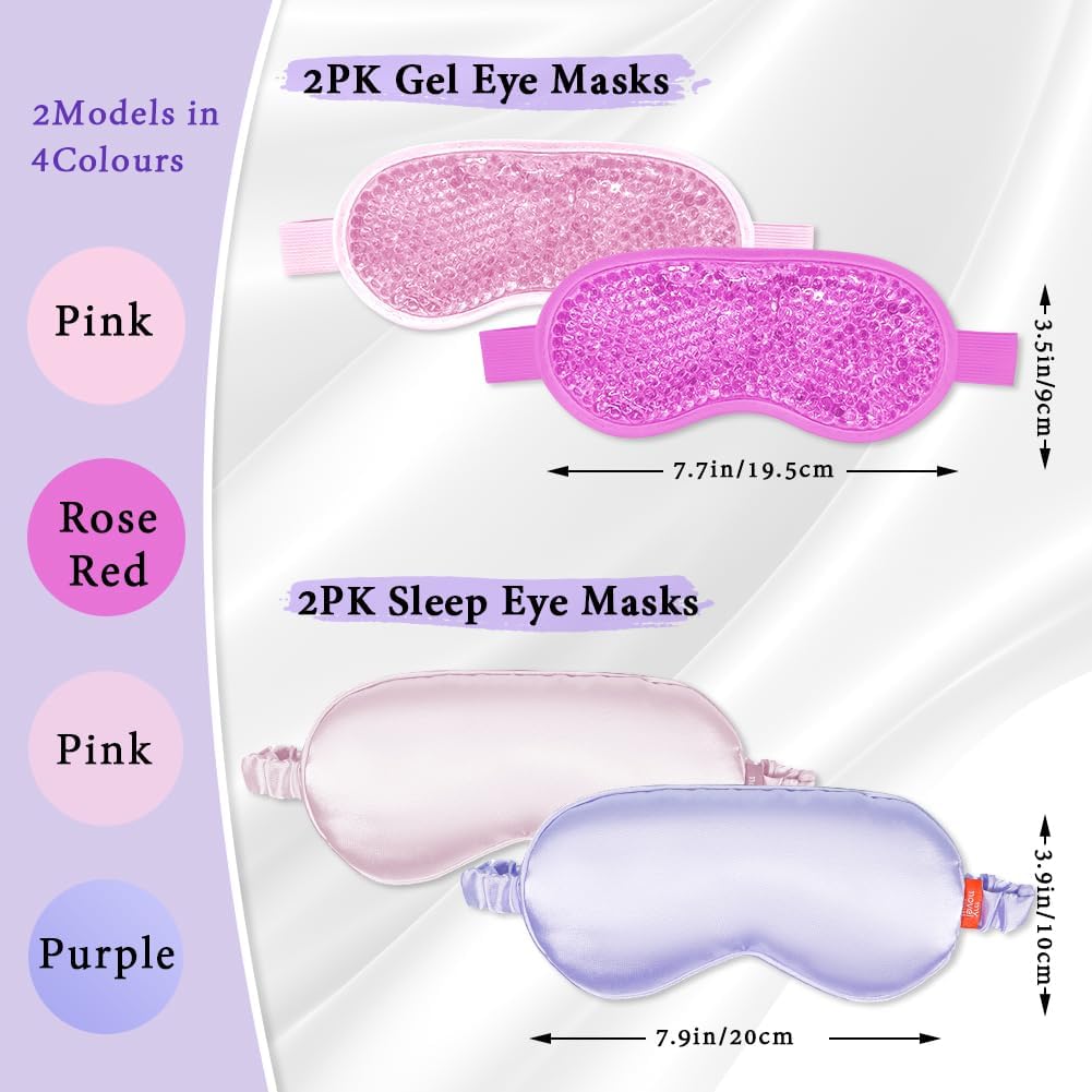 Cooling Eye Mask and Silky Sleep Mask 4 Packs for Man Women for Sleeping Frozen Ice Eye Mask Cold Warm Compress Dark Circles Puffiness Dry Eyes Gifting