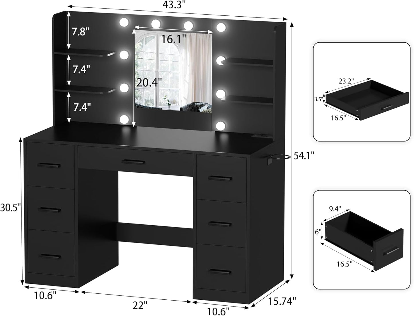 YESHOMY Vanity Desk with Mirror, Power Outlet and 10 Lights, Makeup Table with 7 Drawers, 3 Color Modes Available for Bedroom, Dark Black