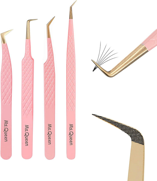 Ms.Queen Eyelash Extension Tweezers,4Pcs Fiber Tip Lash Tweezers for Volume Lashes Make Fans,45 90 Degree Boot Isolation Lash Tweezers Set