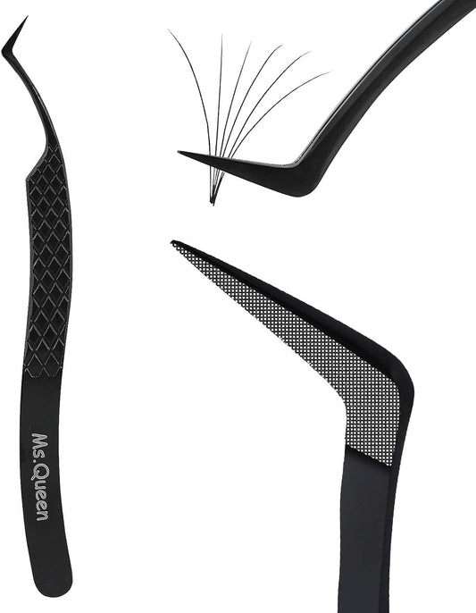 Ms.Queen Tweezers for Eyelash Extensions, Fiber Grip S-Curved Lash Tweezers for Inner Corner,Volume & Classic Lashes,Black