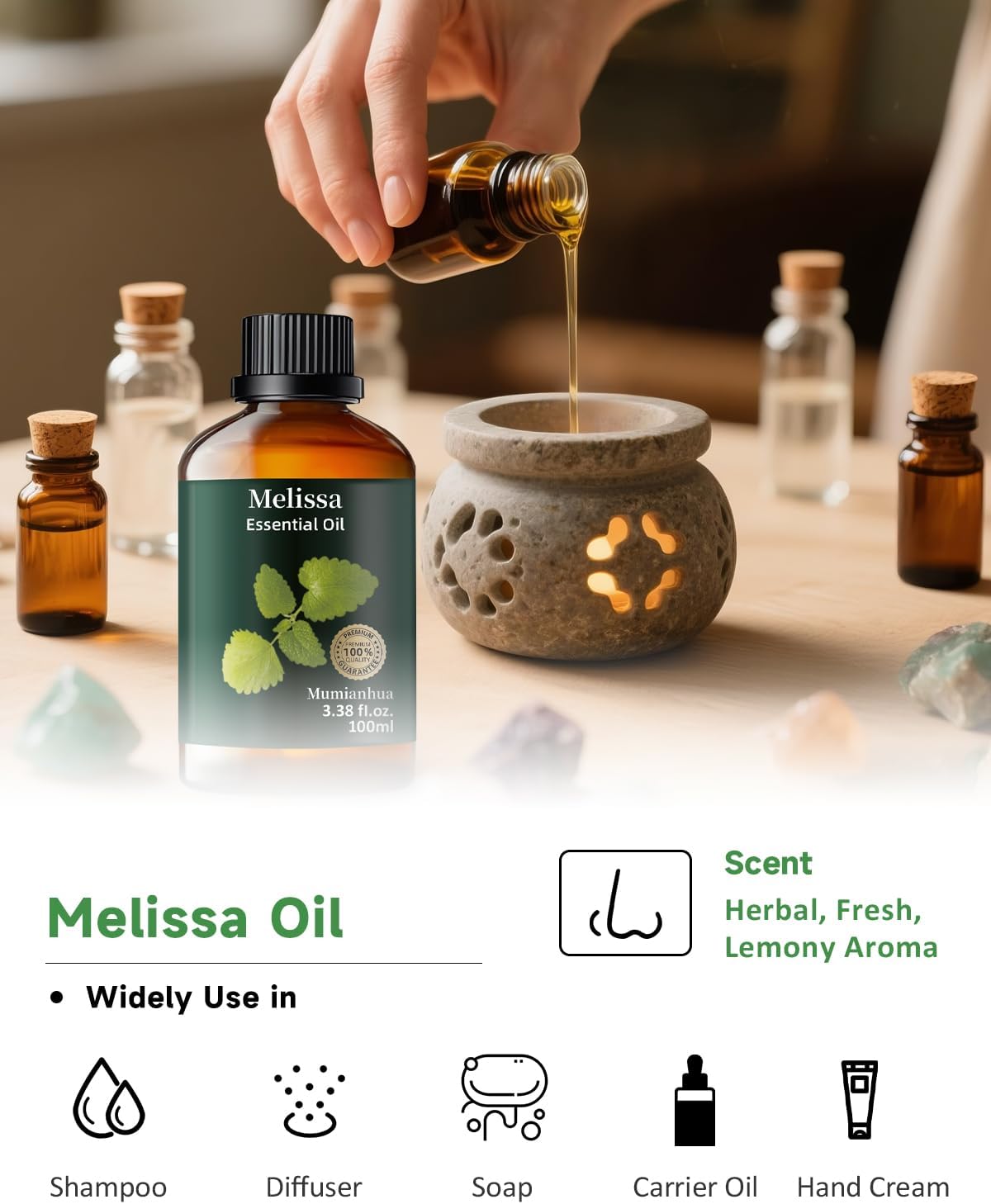 Melissa Essential Oil Pure, Mumianhua Natural Therapeutic Melissa Oil for Skin, Body, Hair Care, Diffuser, Aromatherapy,Candle, Soap, Making, DIY, Massage, Sauna 3.38 Fl Oz