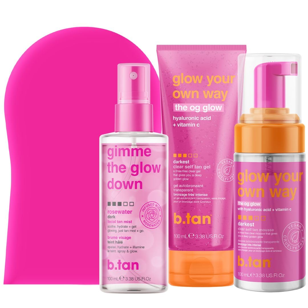 b.tan Clear Self Tanning Gel Travel Size Kit | Glow Your Own Way Gift Set - Includes Mini Dark Fake Tanner Mousse, Gradual Bronzing Face Mist, Express Transfer Free Tan Gel, & Applicator Mitt