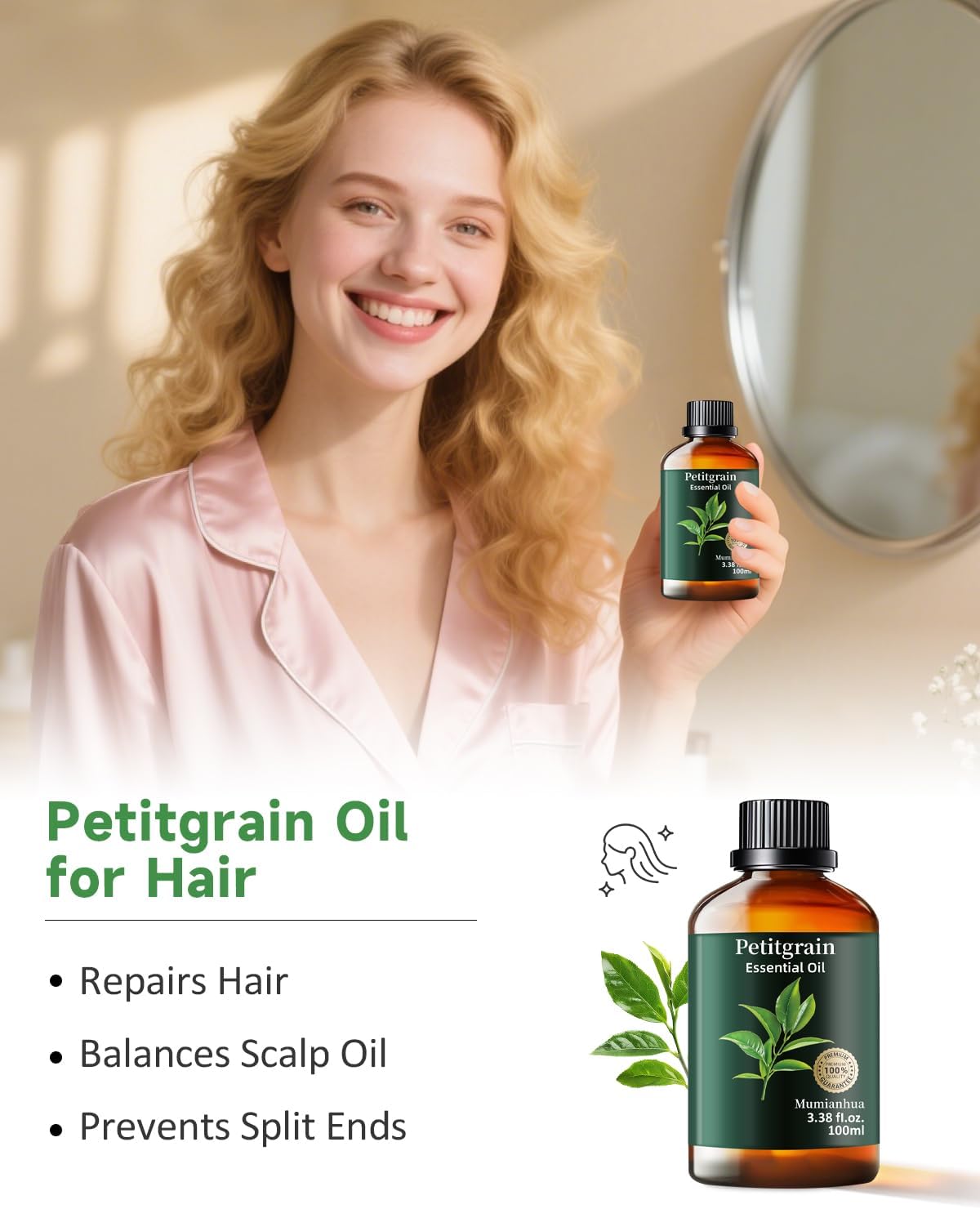 Petitgrain Essential Oil Pure Mumianhua Natural Petitgrain Oil for Diffuser, Humidifier, Skin, Hair, Aromatherapy, Massage, Soap, Candle Making 3.38 Fl Oz