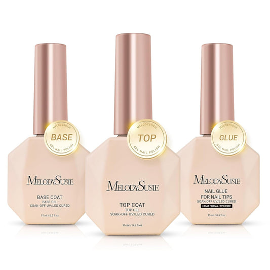 MelodySusie Top Coat Nail Glue Base Coat No Wipe Glossy Set Long Lasting Shine Finish Soak Off UV LED Nail Lamp Nail Art Design Manicure Kit Perfect Gifts for Women Girls 3 Pcs 15ml Clear