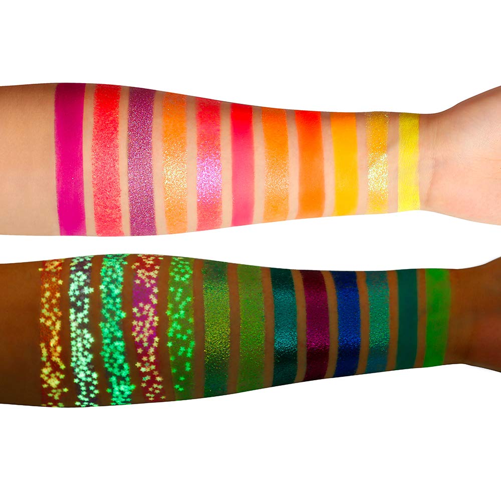 DE'LANCI Neon Eyeshadow Palette Glow in the Dark, Aurora Glow Eyeshadow Pallets Stage, Halloween Christmas Makeup Kit UV Blacklight Matte and Glitter Fluorescent Eye Shadows Highly Pigment