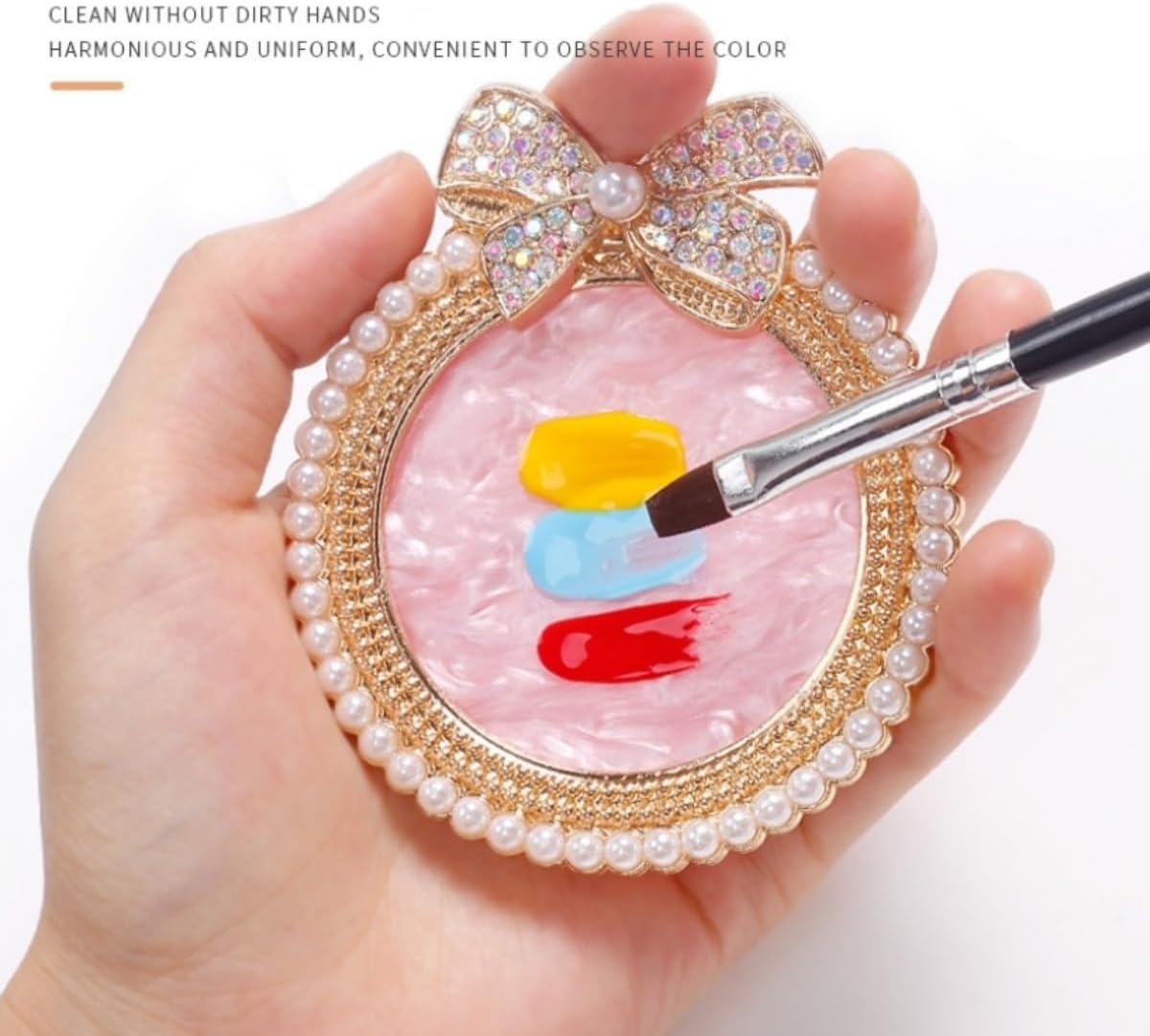 Bow Resin Nail Art Palette, Nail Polish Makeup Mixing Plate, Bow Shaped Pearl Inlaid with Diamonds Nail Display Board Palette (Pink)