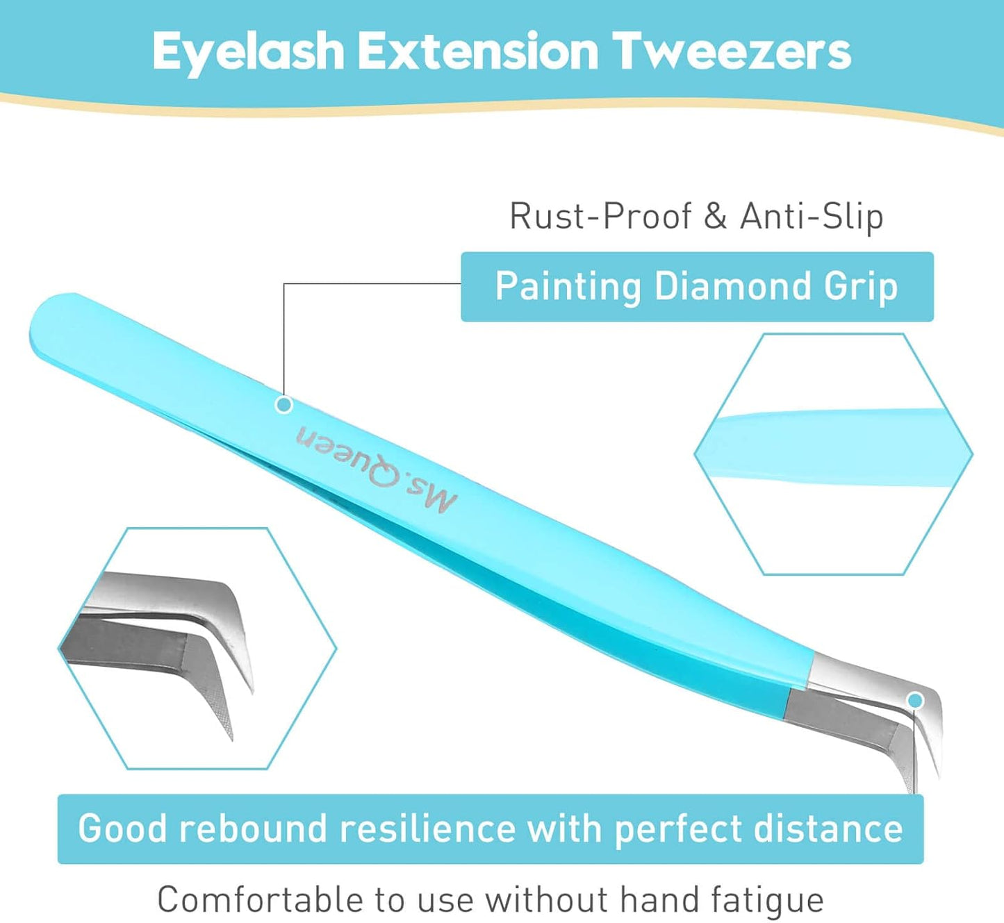 Ms.Queen Volume Lash Tweezers, Fiber Grip L-Angled Tips Boot Tweezers for Mega Volume Eyelash Extensions, Blue