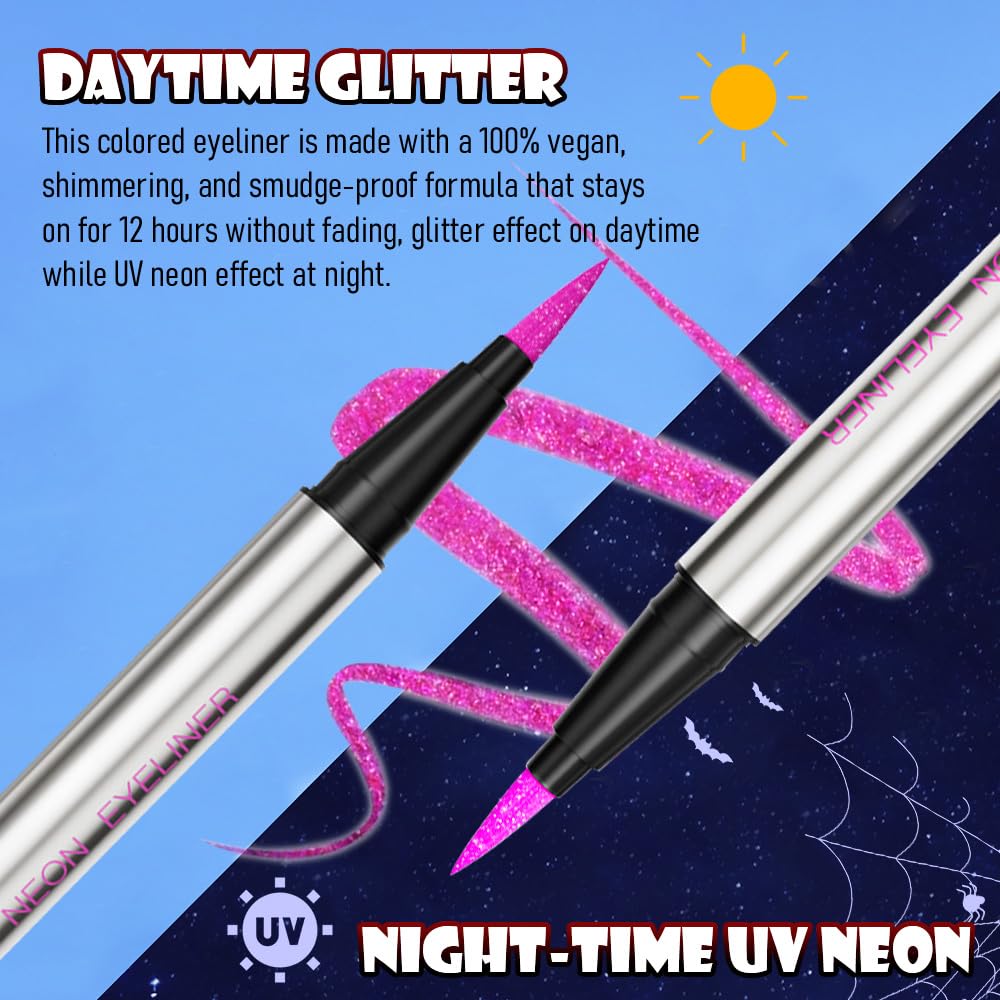 evpct Purple Shimmer Eyeliner UV Neon Gel Eyeliner Pencil Makeup, Rainbow Halloween Colored Colorful Gel Eye Liner Pen Glow in Dark Makeup, Long Lasting Waterproof Eyeliners for Face Body Painting