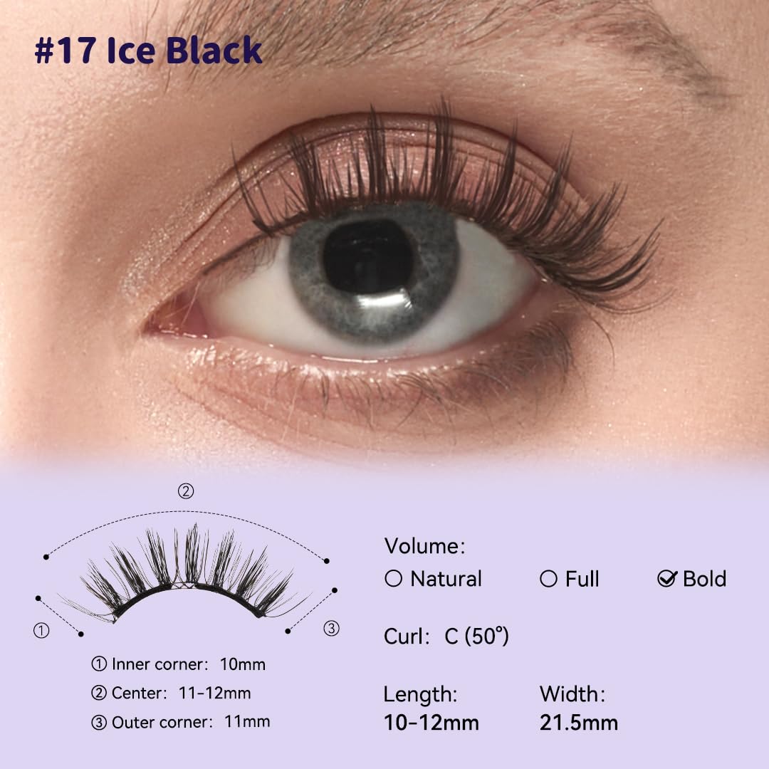 Soft Magnetic Eyelashes Kit with Applicator, No.17 Ice Black BearisBug, Reusable Glue-free Wispy Magnetic Lashes, Cruelty-free False Lashes, Waterproof, Lightweight, Suit for Heavy Makeup