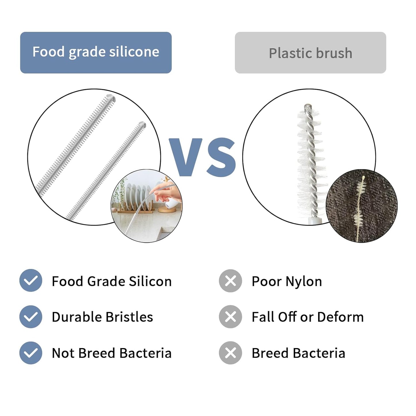 Reusable Silicone Straw Cleaner Brush Set, 2-Pack Extra Long Straw Cleaning Brush for Metal/Glass/Water Bottle/Drinking Straws, Flexible&Bendable Design, Dishwasher Safe, 6mm & 8mm Diameter