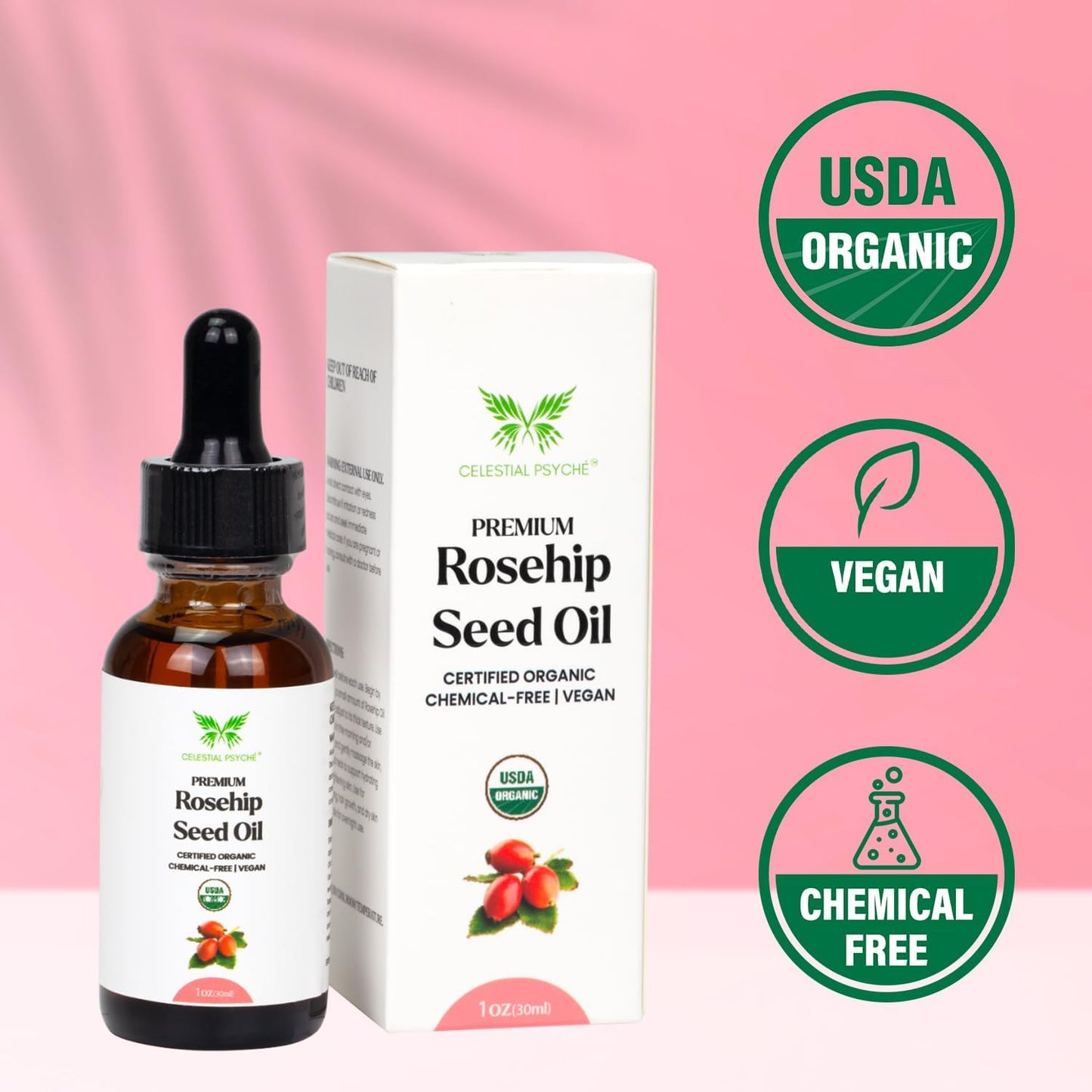 USDA Certified Organic Rosehip Seed Oil (1 Oz) 100% Pure Natural, Chemical-Free, Hair Moisturizer, Skin Hydration, Natural Beauty, Anti-Aging, Wrinkles Reduction, Antioxidants
