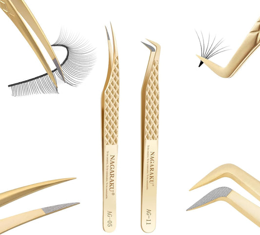 NAGARAKU Eyelash Tweezers, 1 Pair Precision Micro Fiber Tip Tweezer for Lash Extensions Volume Tweezers Antistatic Curved Tip Stainless Steel with Box -Dolphin & Seven Shaped Tweezers AG-05 & AG-011