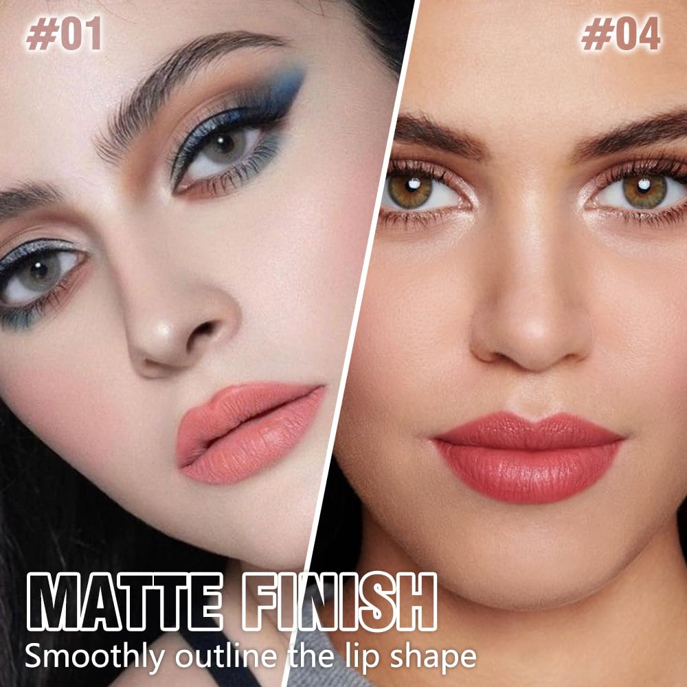 2Pcs Matte Lipstick Crayon Set for Women, Rose Pink Ruby Red 24 Hour Lipstick Lip Liner Pencil, Neutral Lip Stick Lipliner Long Lasting Waterproof Smudge Proof, Vegan & Cruelty-Free, 01+04