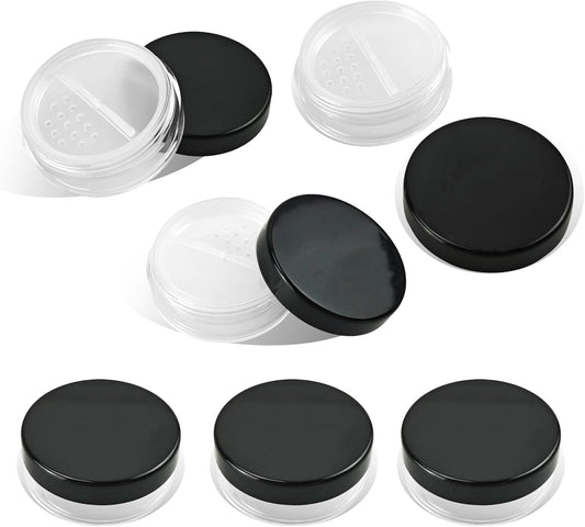 Nirvany 6PCS 10ml Refillable Loose Powder Containers, Black Travel Makeup Jars with Rotating Sifter & Leakproof Screw Lids