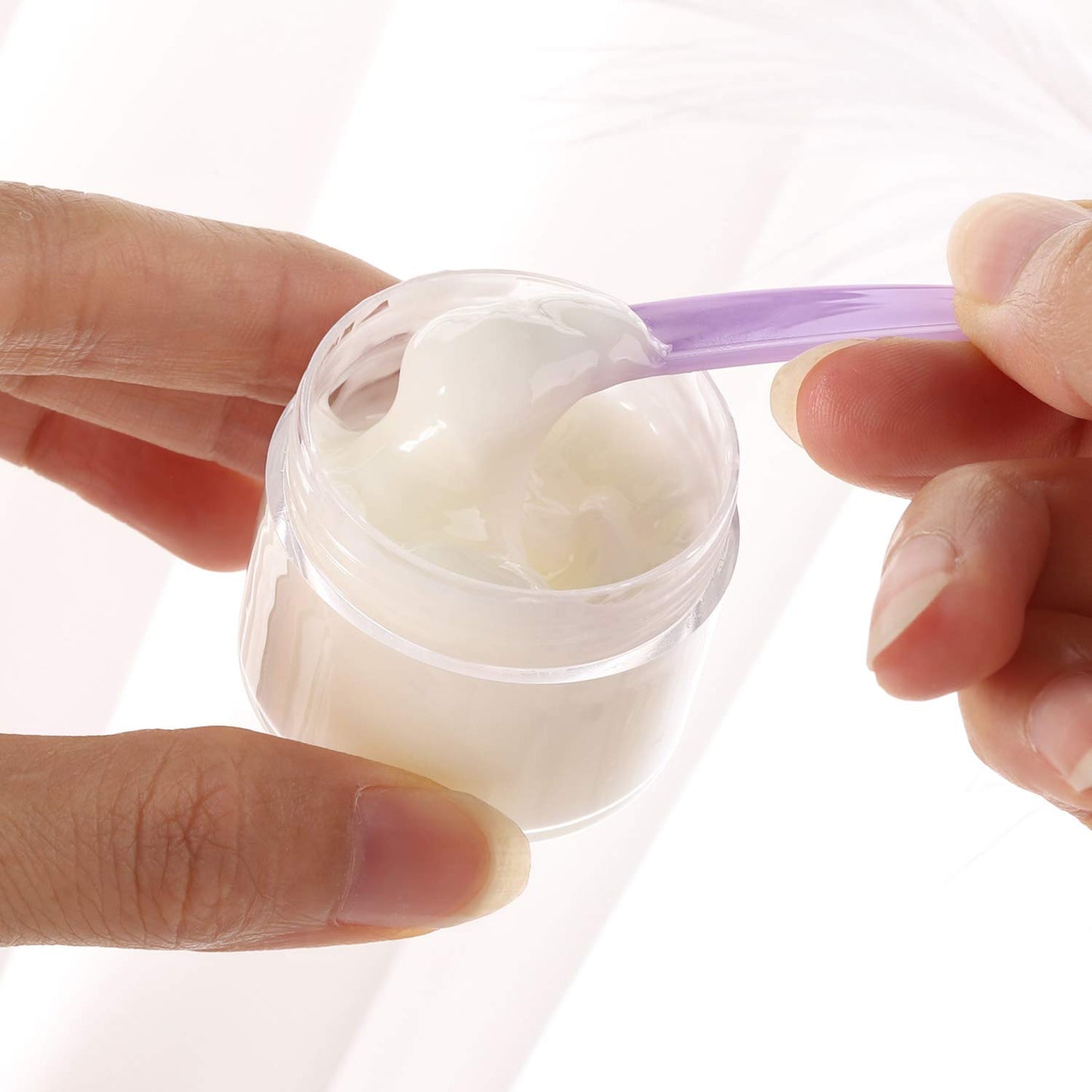 Refillable Cosmetic Sample Jars - 100 Pack 10g (0.35oz) Purple Small Travel Containers with Lids + 10 Mini Makeup Spatulas - BPA Free