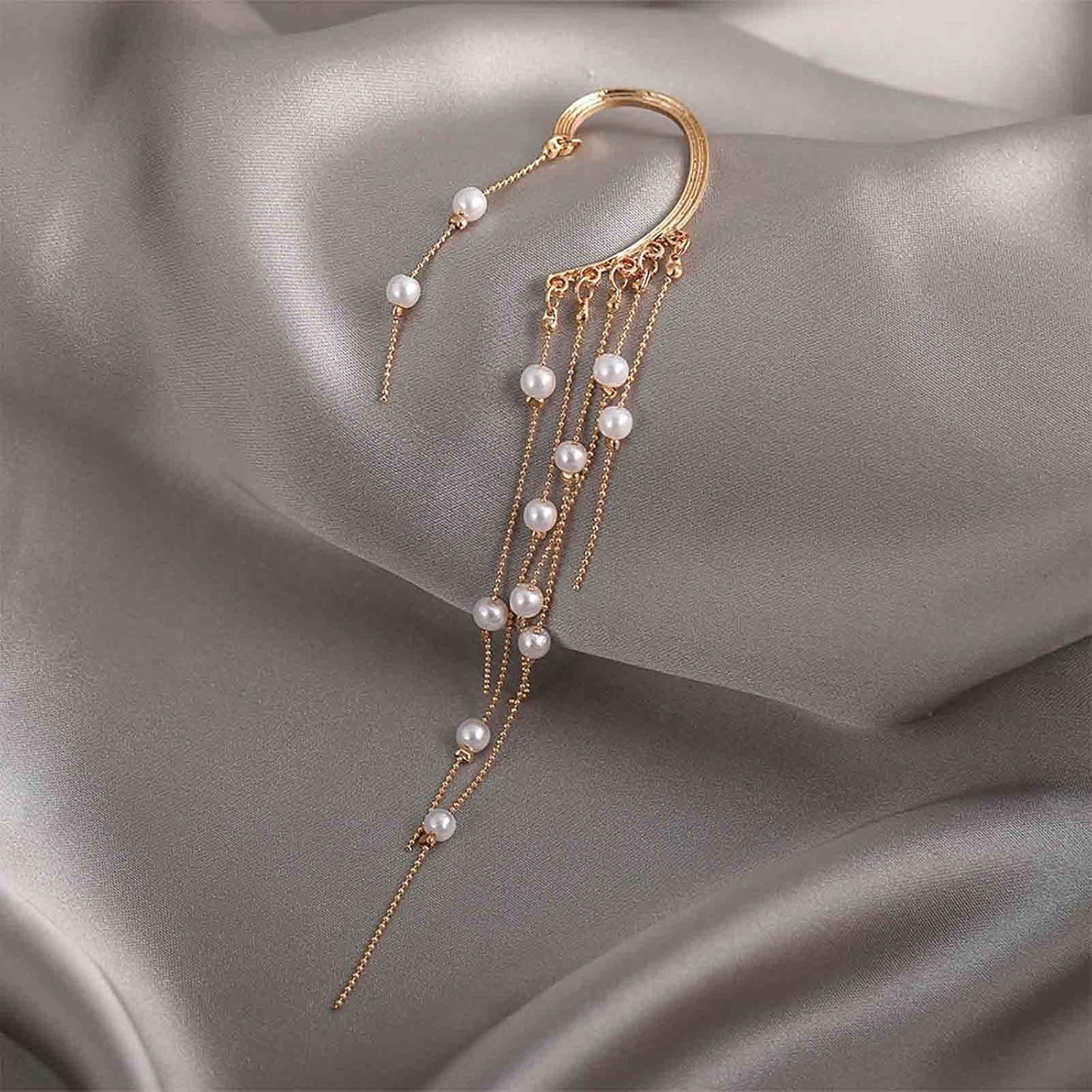 Boho Pearl Ear Wrap Earrings Gold Pearl Ear Cuff Earrings Long Drop Tassel Pearl Earrings Festival Gothic Earrings Non Piercing Ear Climber Cartilage Earrings Jewelry for Women and Girls