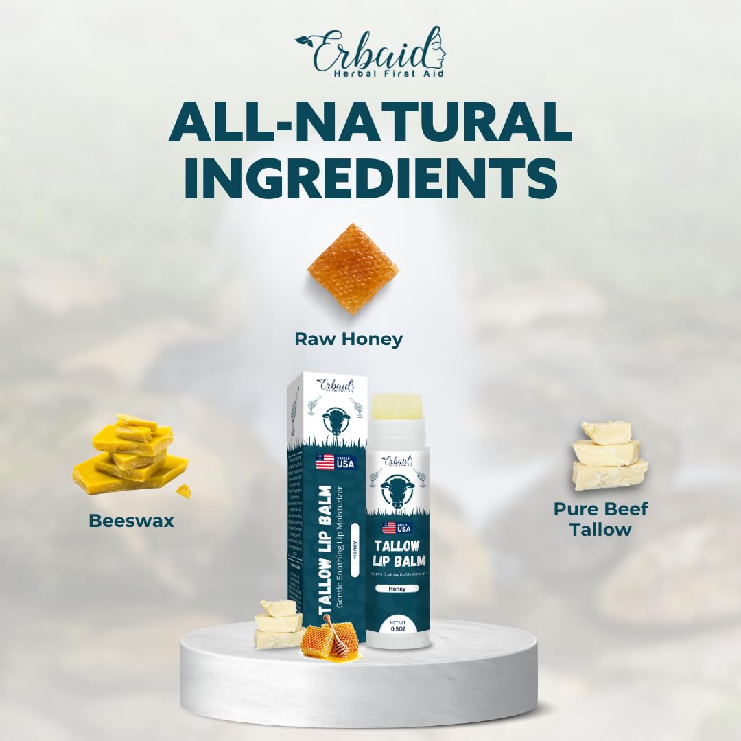 Beef Tallow Lip Balm – Natural Tallow Beeswax Chapstick – Hydrating Moisturizer Grass Fed Bison Tallow Balm Lip Care – Soothes Chapped, Dry Lips, Sensitive Skin – Long Lasting & Vitamin Rich USA-Made