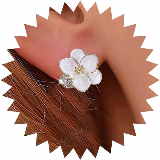 Vintage Enamel Flower Stud Earrings Camellia Flower Earrings Gold Crystal Flower Petal Earrings White Petal Stud Earrings Jewelry for Women