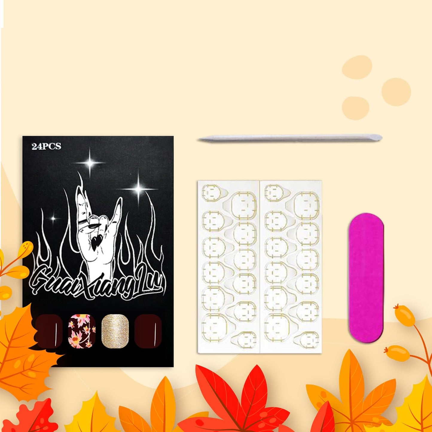 Wine Red Fall Press on Nails Medium Square Thanksgiving Maple Leaf Fake Nails Glossy Maple Leaves Glue on Nail Autumn Gold Glitter Acrylic Stick on Nail for Women DIY Manicure