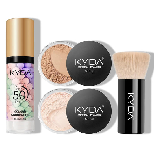 KYDA Mineral Makeup Kit, Includes SPF 50 Color Correcting Primer, SPF 35 Loose Powder Foundation + Translucent Loose Setting Powder, Foundation Brush, Makeup Starter Set, Travel Size - Medium Beige
