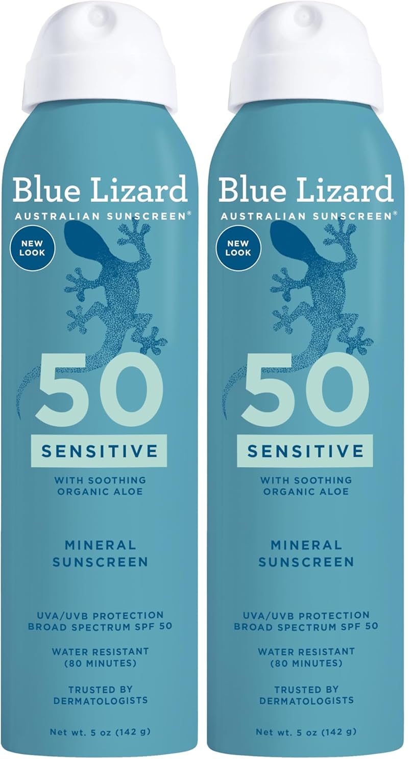 Blue Lizard Sensitive Mineral Sunscreen Spray SPF 50+, Dermatologist-Recommended Brand, Broad-Spectrum UVA/UVB Protection, Water-Resistant, Zinc Oxide Formula, 5 fl oz (Pack of 2)