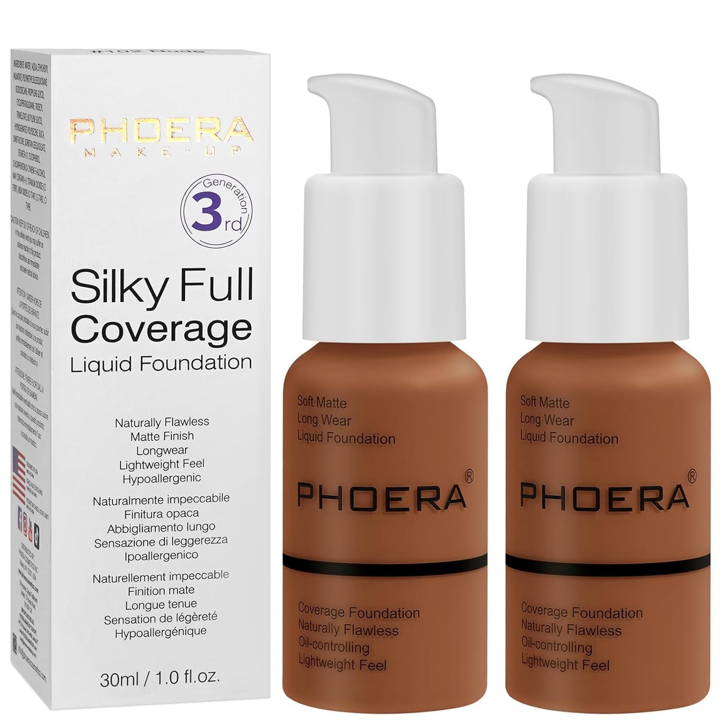 PHOERA Foundation, PHOERA Matte Liquid Foundation,PHOERA Makeup for Women, PHOERA Foundation Full Coverage Concealer, 30ml 24HR Matte Oil Control Concealer (110-Truffle*2)
