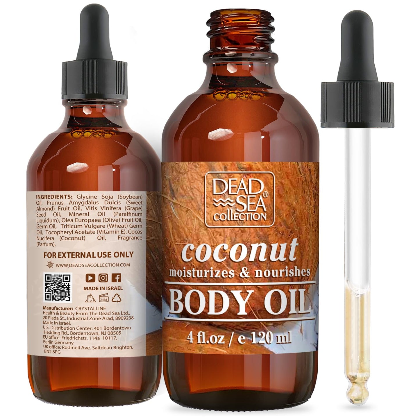 Dead Sea Collection Body Oil with Coconut - Dry Skin Moisturizer and Hydrating Massage Oil - Nourishing Bath - Increase Skin Elasticity and Provide Anti-Aging Support for Face and Body (4 fl.oz)