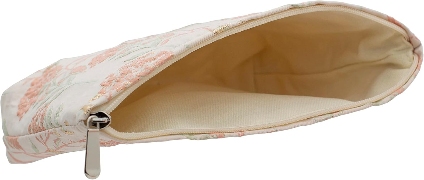 Makeup Bags for Purse Zipper Cosmetic Pouch Large Travel Canvas Make Up Organizer Tool Pouch for Women and Girls,Brocade Flower Pink