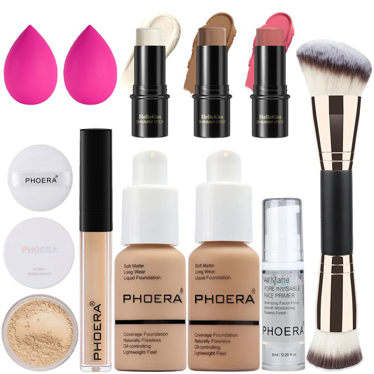 PHOERA Foundation,3 PCS Contour Stick Makeup Kit, Shades with Highlighter Stick, Blush Stick and Bronzer Contour Stick for Sculpt the Cheeks (104+105+Light-Medium Contour/Buff Beige+Sand+#02,#10,#12)