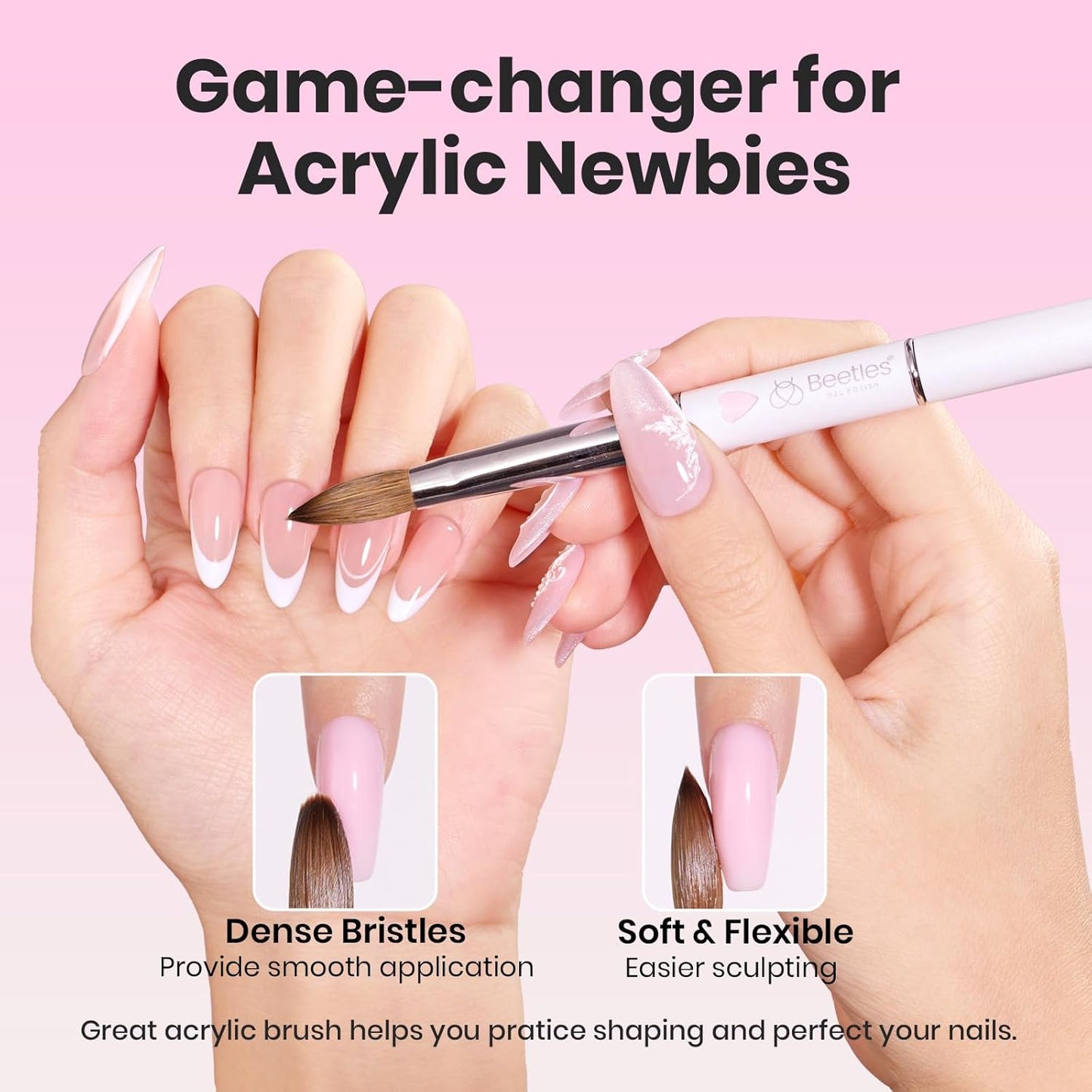 Beetles Acrylic Nail Brush Kolinsky Hair Bristles Round Shaped Metal Handle Nail Art Brushes for Acrylic Powder Manicure Extension DIY at Home Manicure Tool - Size 8