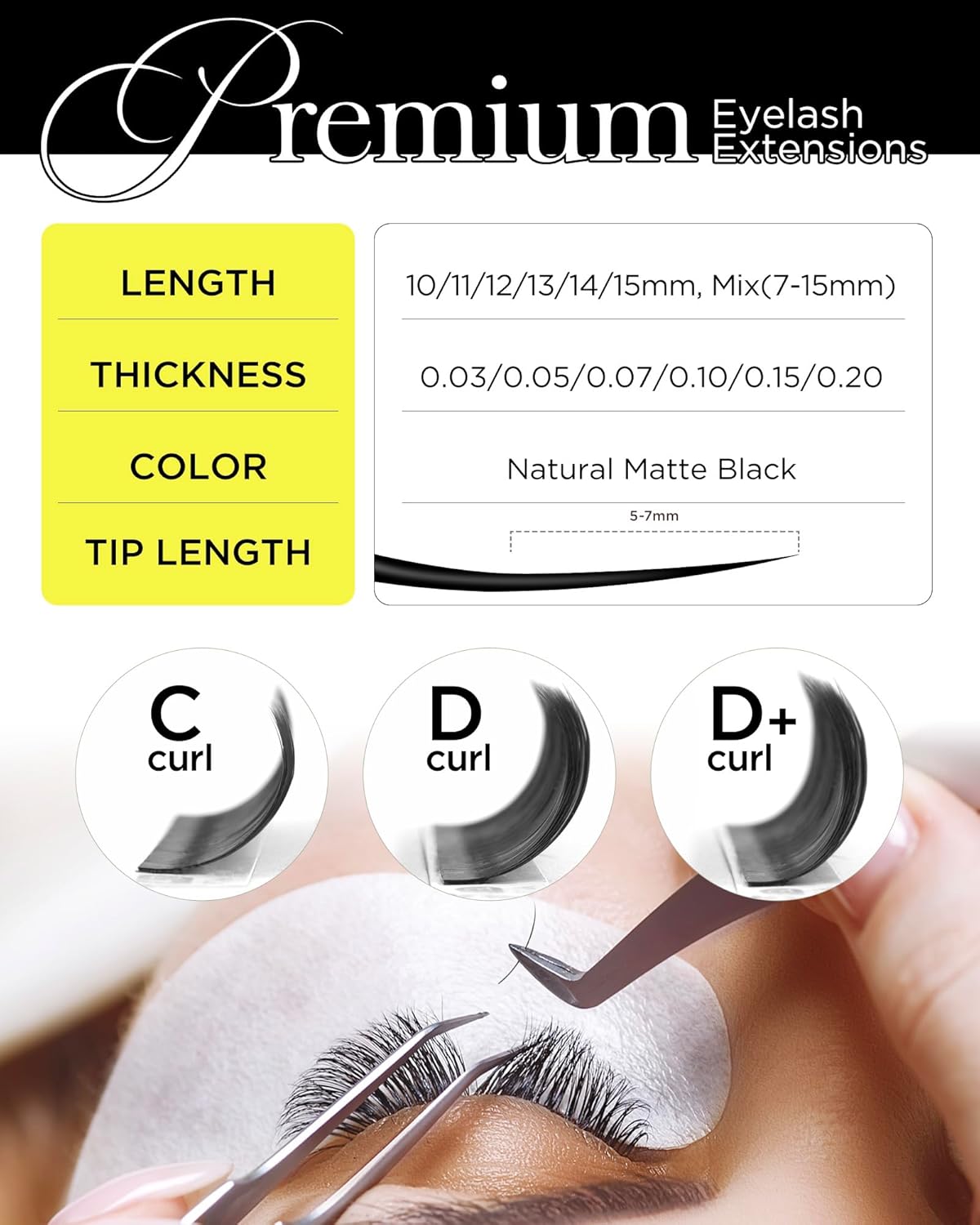 BEYELIAN Classic Volume Lash Extensions, C D D+ Curl 7-15mm 0.03-0.20mm Thickness Matte Black Semi Permanent Volume Eyelash Extensions Professional Salon Use (0.15 D+ 10mm)