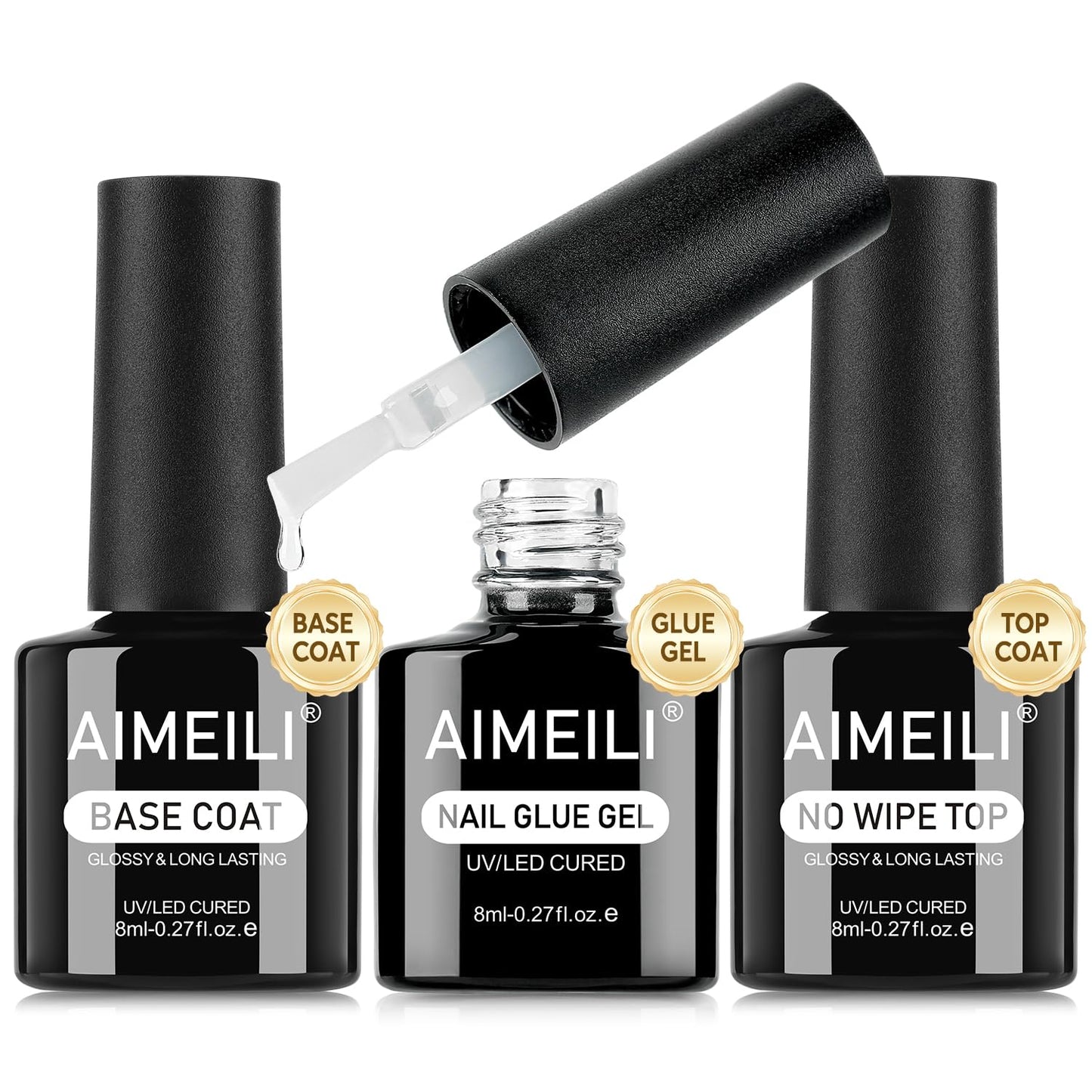 AIMEILI Base Coat Top Coat Nail Glue Gel Kit 3pcs, Hema Free, Cruelty Free, Vegan, Clear High Gloss Gel Nail Polish Long Lasting Nail Art