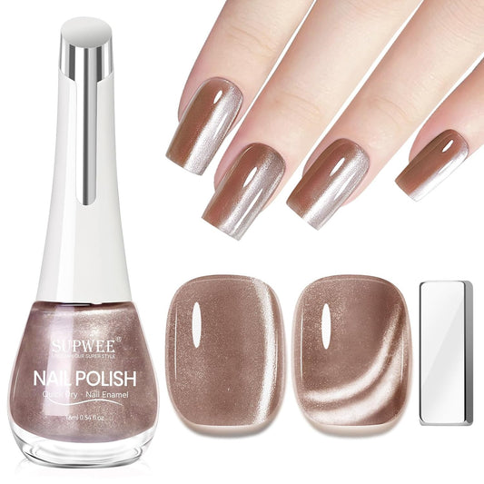 magnetic nail polish non gel, Nude Cat Eye Nail Polish Non Gel, Shimmer Glitter with Magnet, High Glossy, Fingernail Air Dry Fast, Manicure DIY, Salon Fall Colors