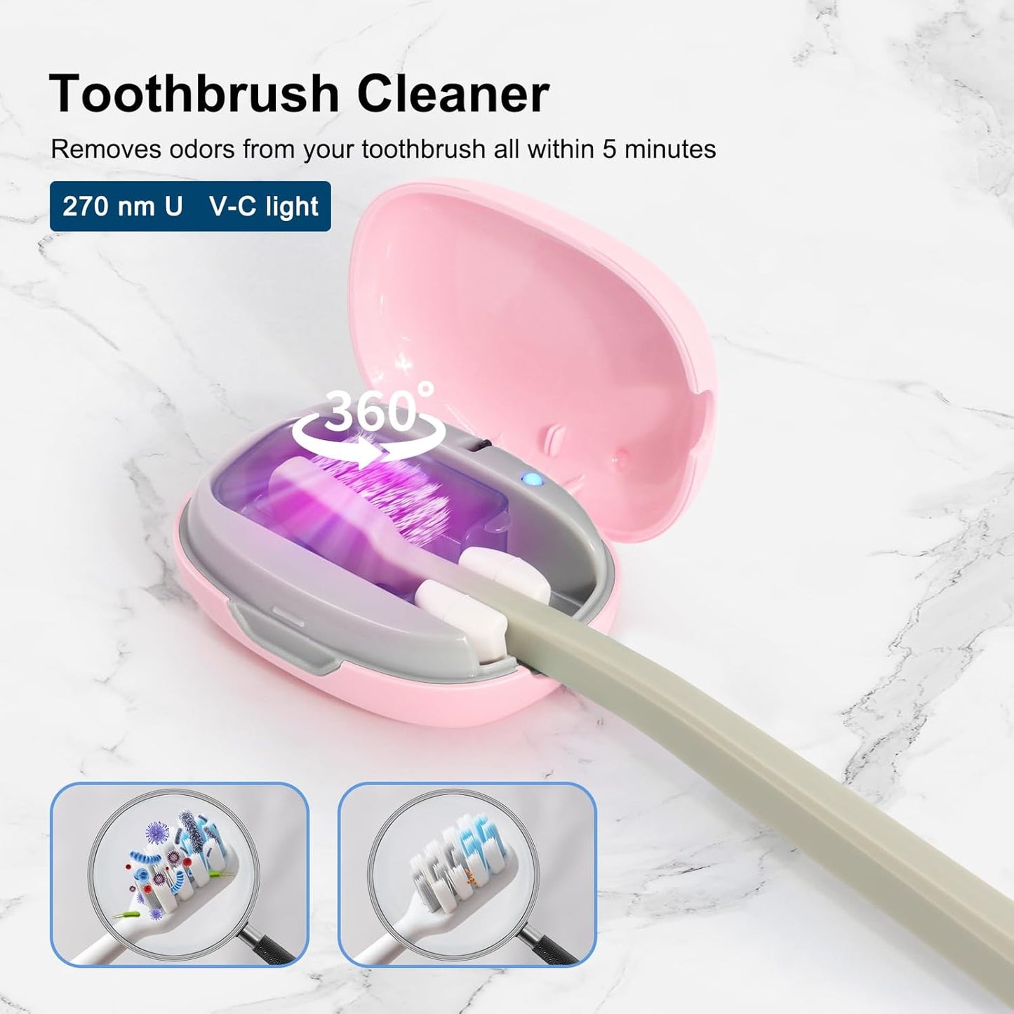 Toothbrush Holder, Toothbrush Cleaner Case, Portable USB Charging Toothbrush Cover with U V-C Light, Travel Toothbrush Holder (Pink)