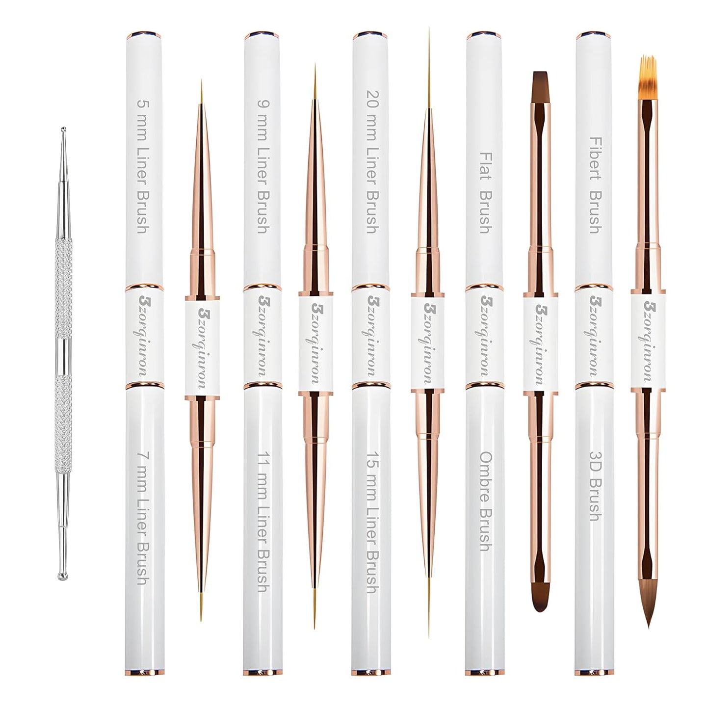 Nail Art Bushes Set, Professional 5Pcs Double-Ended Nail Brush Kit for Details, Long Lines, Ombre & 3D Design-Perfect for DIY Manicures & Salons (White)