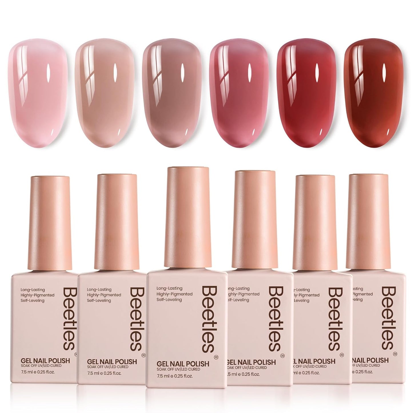 Beetles Jelly Gel Nail Polish Set - 6 Colors Neutral Fall Gel Polish Kit Nude Pink Red Brown Sheer Gel Translucent Effect Soak Off UV DIY Manicure French Nail Art Salon Gift for Girls Women
