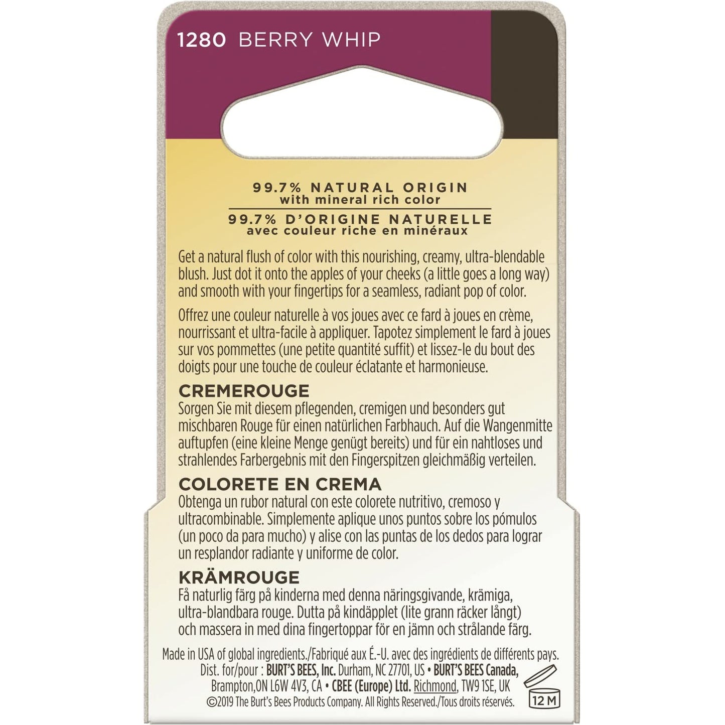 Burt's Bees Color Nurture Moisturizing Cream Blush with Vitamin E, Berry Whip, 0.25 Ounce