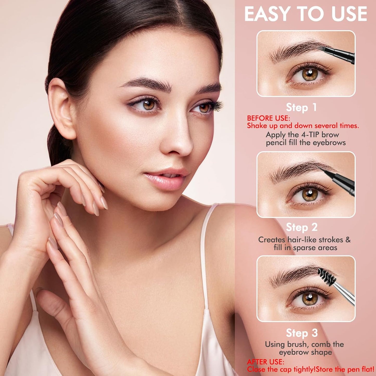 Eyebrow Pencil,2-in-1 Waterproof Eyebrow Pen with 4 Tip Brow Pen and Ultra-Precise Brow Pencil,with Dual-ended Eyebrow Brush,Eyebrow Makeup for Natural Looking Eyebrows - Brunette