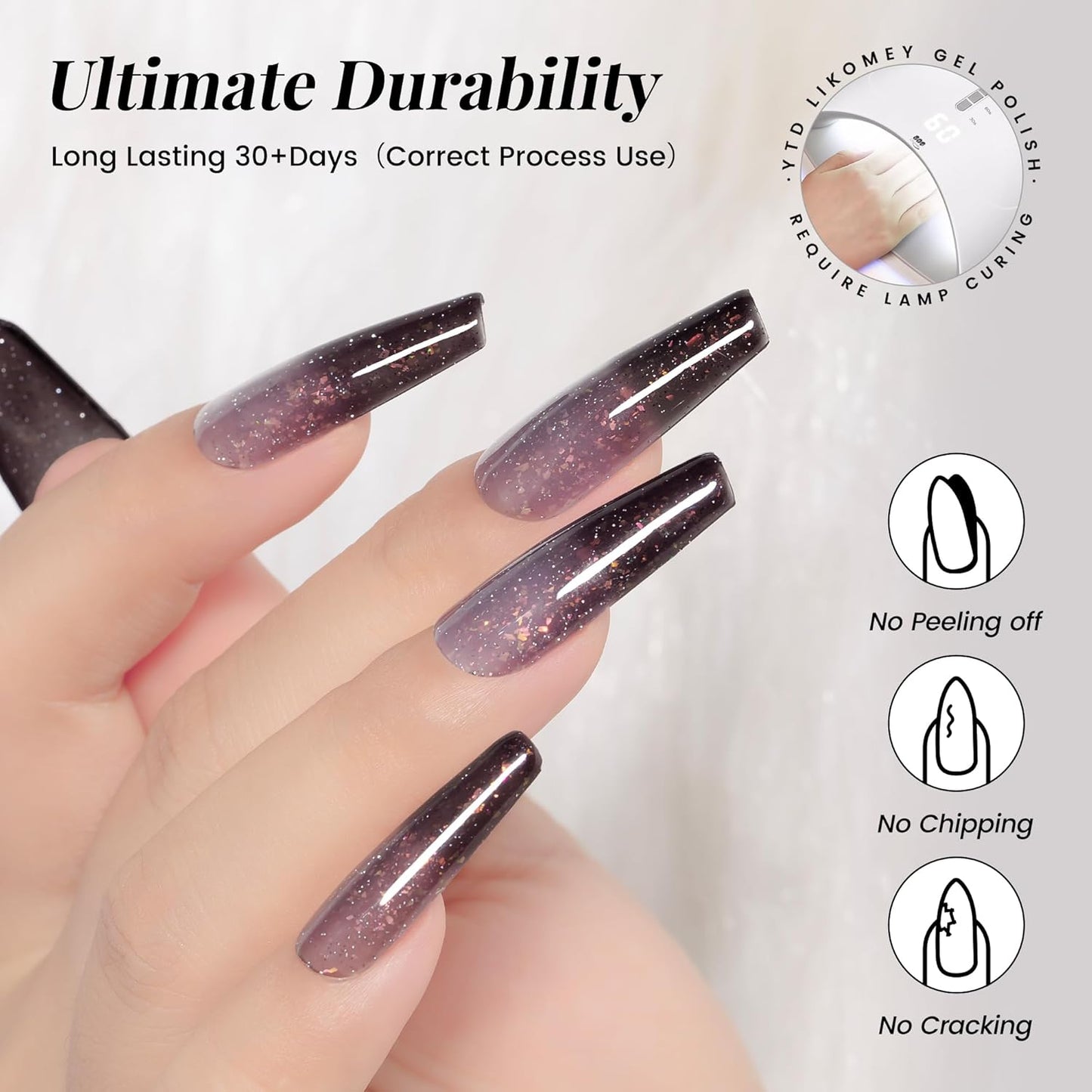 YTD Likomey Brocade Glitter Color Changing Gel Nail Polish,15ml Grayish Purple To Black Shimmer Mood Temperature Change Colors Iridescent Flakes,Fall Winter Ombre Thermal UV Gel,WB348
