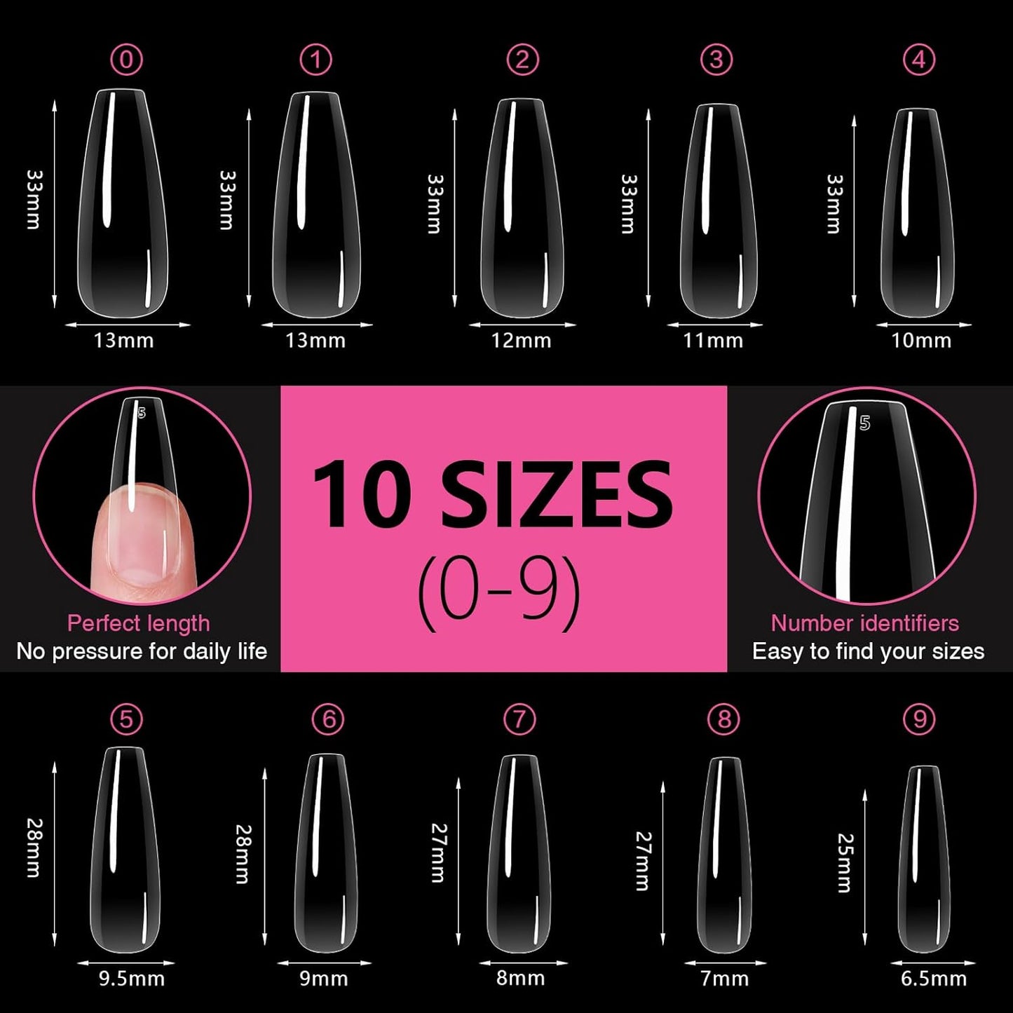 Long Coffin Nail Tips 500PCS, Clear Acrylic Full Cover Gel Press on Nail Tips for DIY Salon, 10 Sizes Pre-Shaped False Nails with Glossy Finish, Professional Manicure Kit & Easy Application
