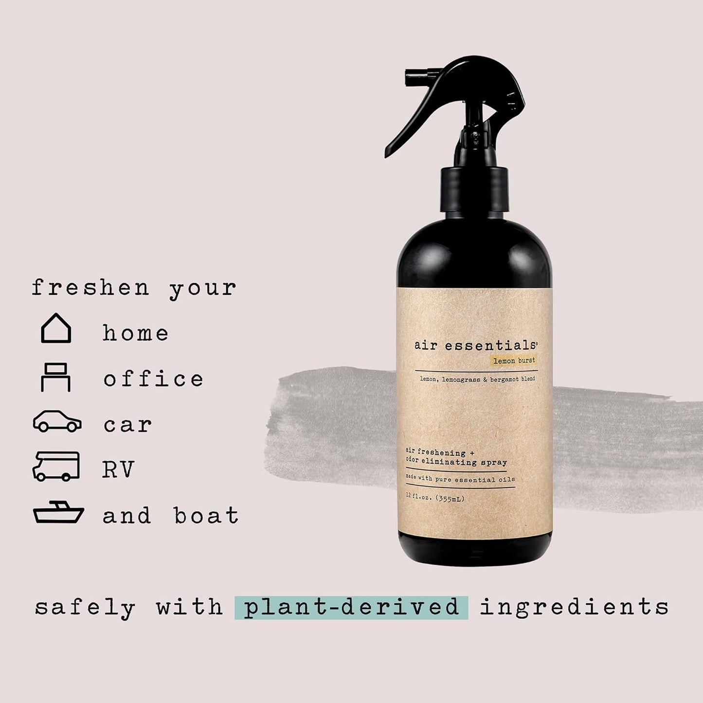 Air Essentials Air Freshener & Odor Eliminator Spray - 12 oz, Pack of 2 - Made with Pure Essential Oils - Lemon Burst Scent