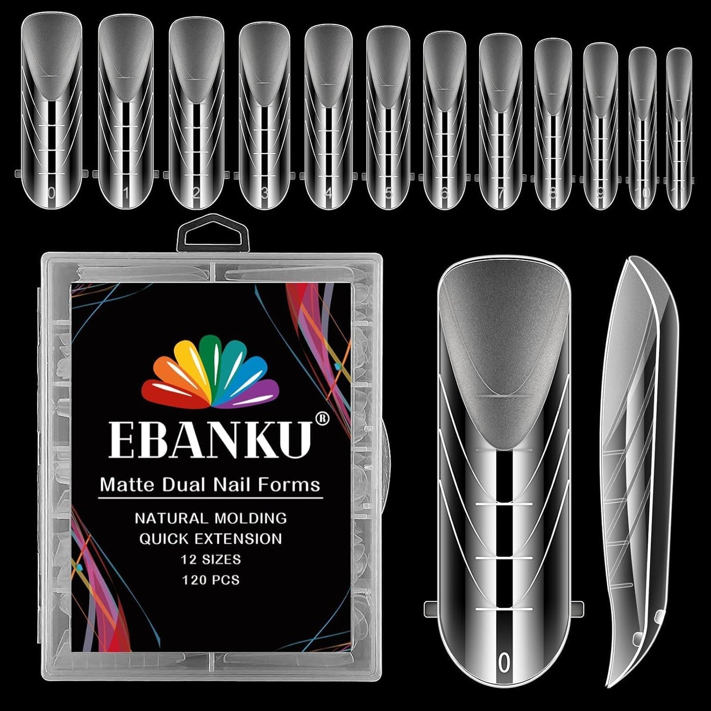 EBANKU Dual Forms for Poly Nail Gel 120CS Ballerina Dual Nail Forms Molds Acrylic Nail Tips Full Cover 12 Sizes for Builder Nail Gel Manicure Nail Art Design Salon DIY at Home