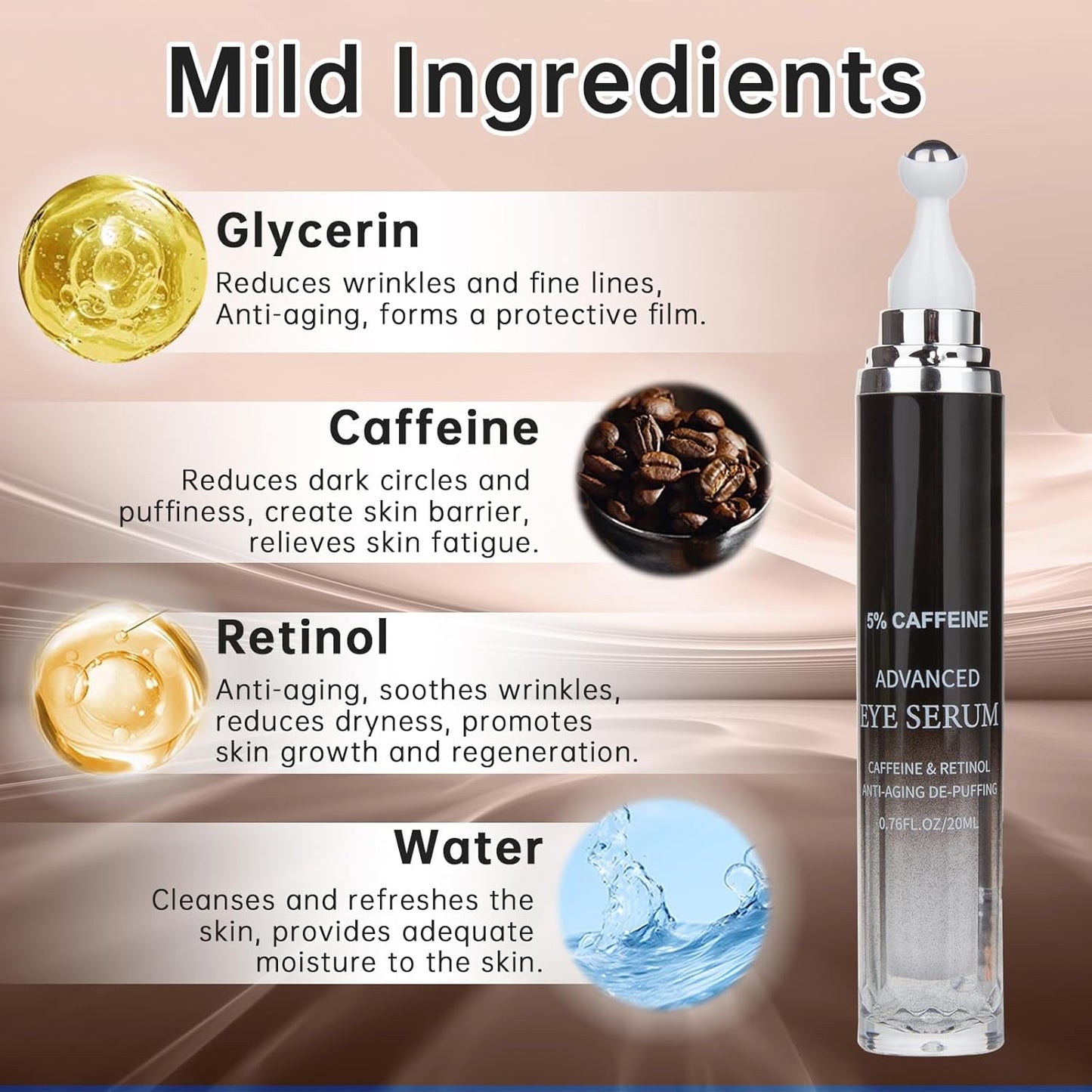 Caffeine 5% Eye Cream for Dark Circles, Under Eye Cream for Puffiness, Bags & Wrinkles, 1 PCS Anti Aging Eye Serum with Under Eye Roller, Reduces Fine Lines & Moisturize Skin.